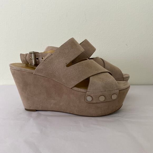 Marc Fisher Bianka Wedges Size 8 Taupe Suede Leather Heels Platform Boho 60s 70s - Picture 5 of 13